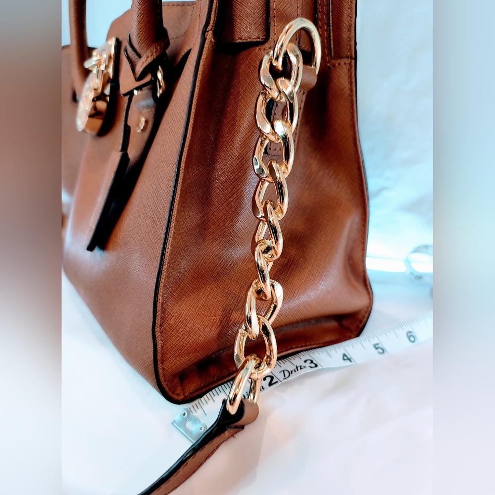 MICHAEL KORS Cognac Hamilton Saffiano Leather Satchel with Gold-Tone Chain Strap - Picture 15 of 16